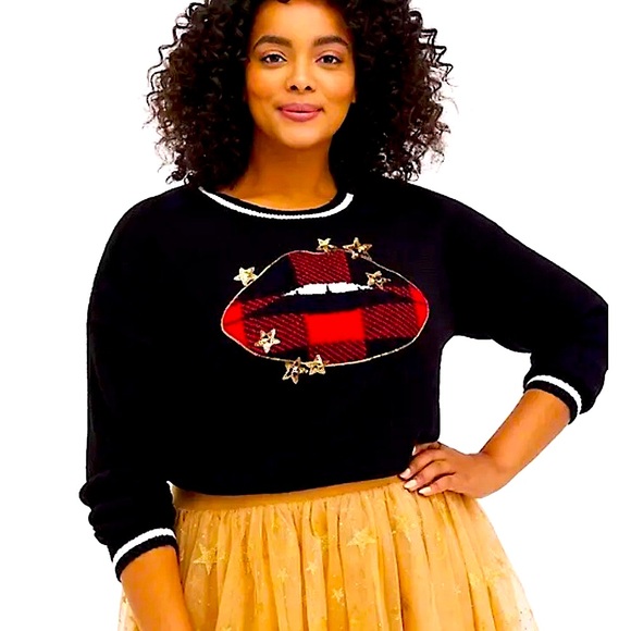 Torrid Buffalo Plaid Gold Stars Holiday Black Cotton Knit Plus 3X Sweater 22/24 - Picture 3 of 14